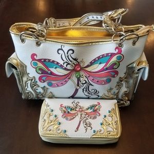 Metallic gold dragonfly bag and wallet set